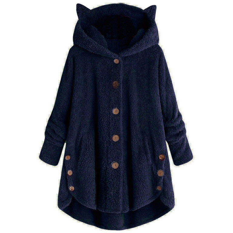 Women’s Hooded Coat – Plush Fabric – Oversized Fit – Cat Ear Hood – Button Front