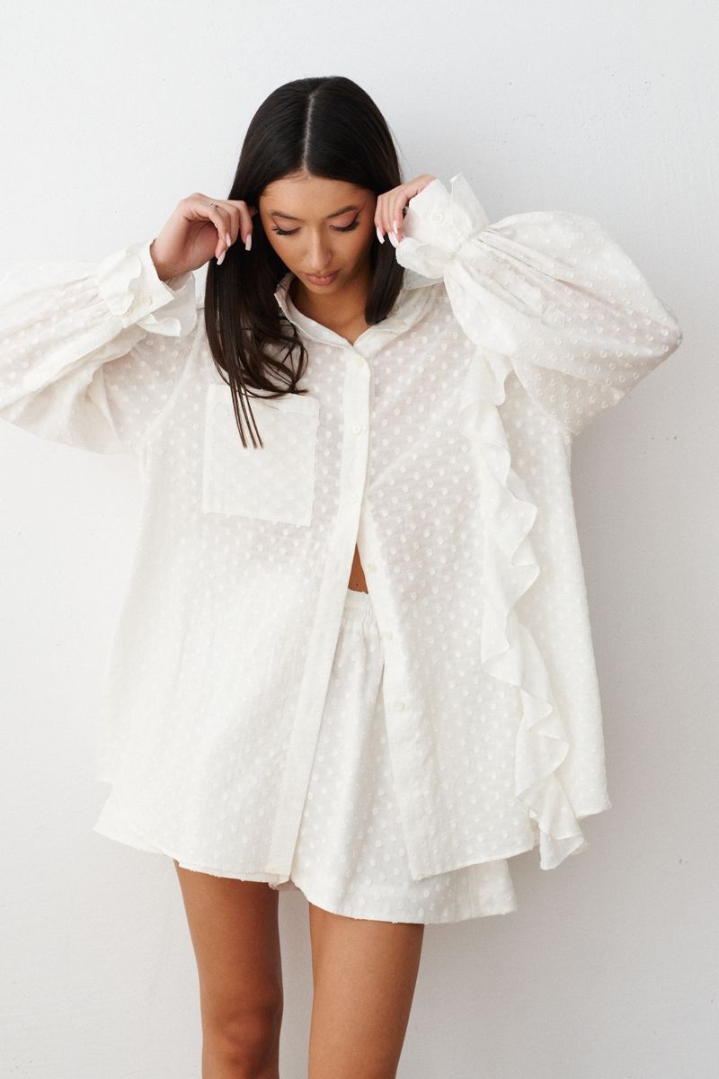 Cristina® | White jacquard cotton shirt and shorts