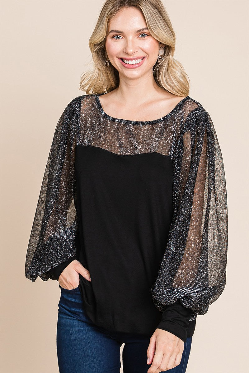 Catalina® | Super lady full size metallic mesh lantern sleeve blouse