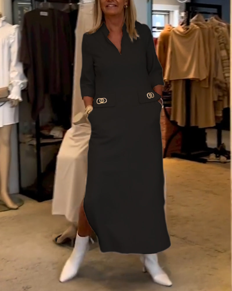 Adela® | Solid color slit dress with 3/4 sleeves