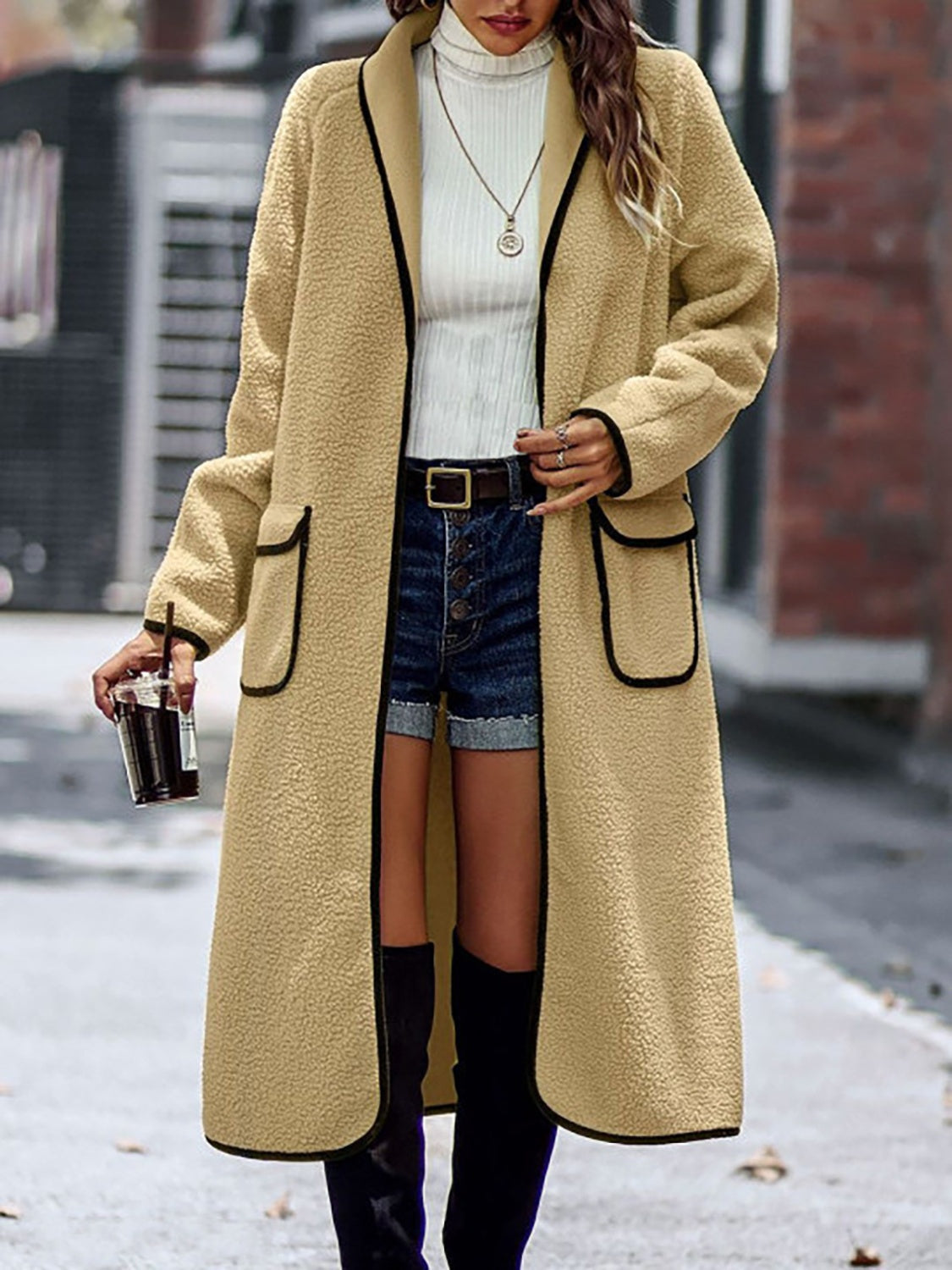 Claudia® | Full size long sleeve coat with contrast trim and pockets