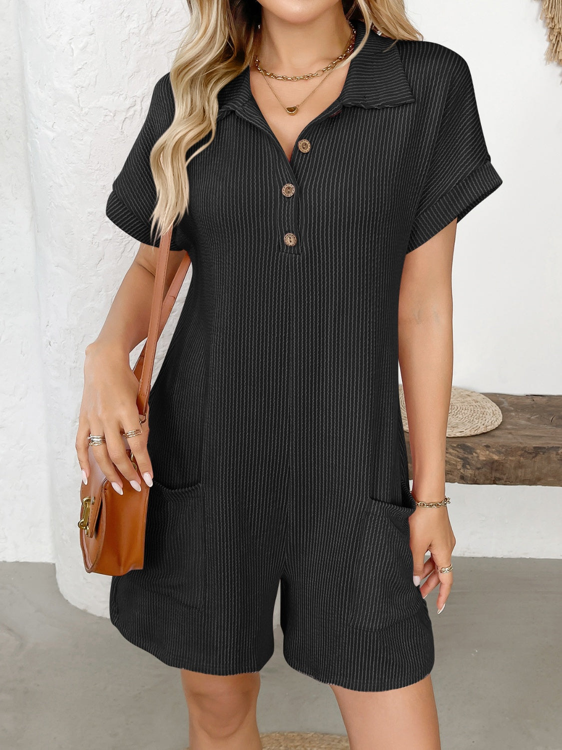Camila® | Short sleeve romper with button detail and collar