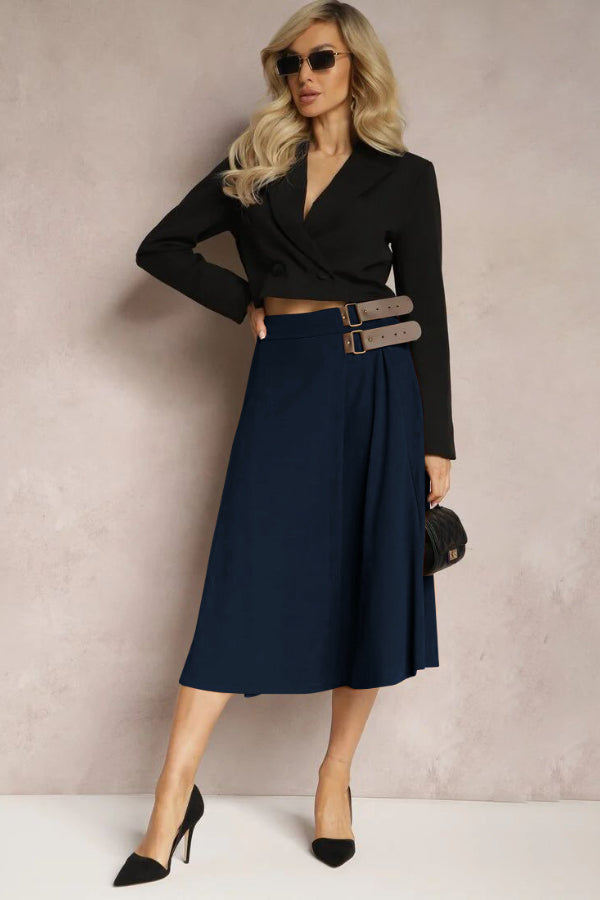 Angelica® | Solid color fashion skirt with leather stitching, elegant and artistic retro skirt for women