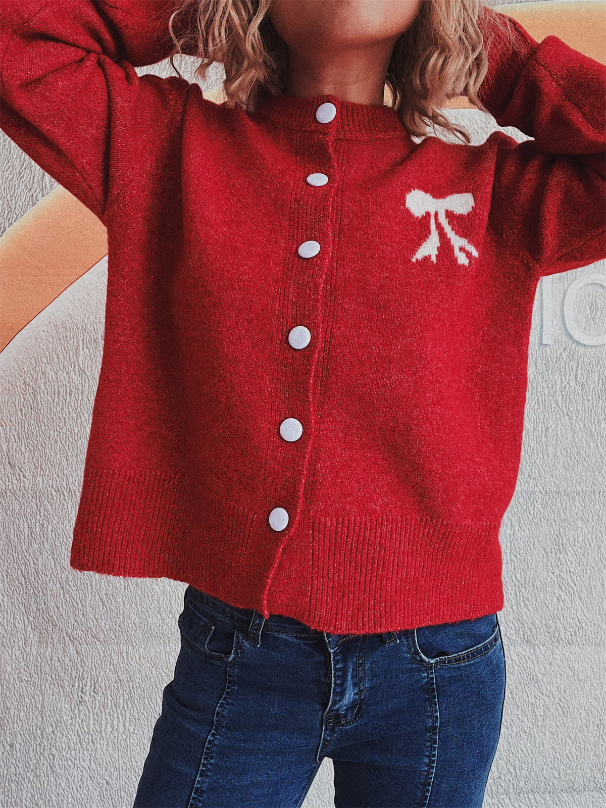 Beate® | Long-sleeved cardigan with bow and round neckline and buttons