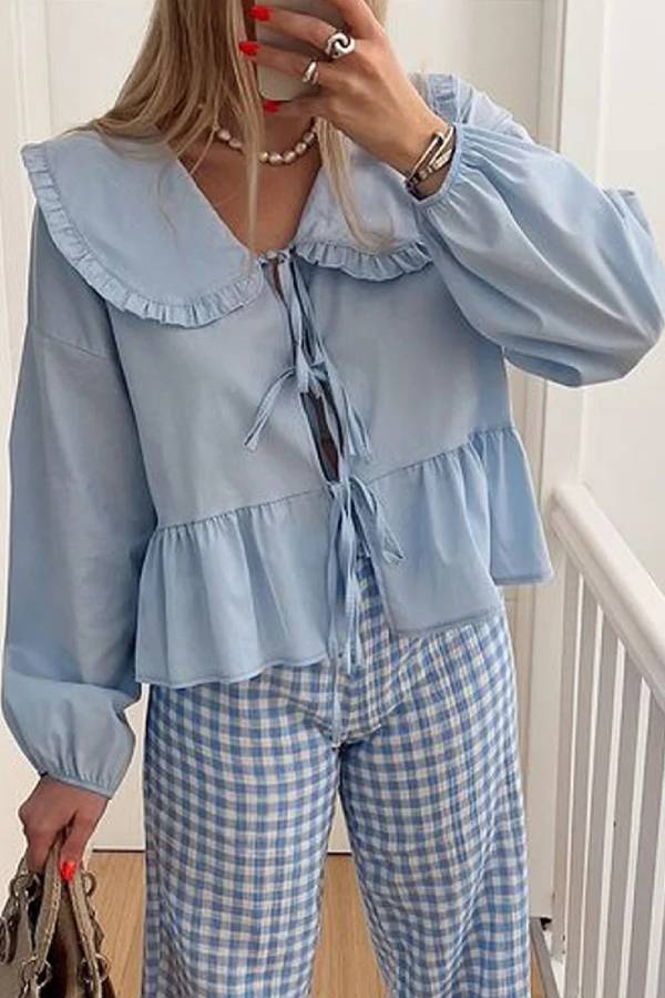Brenda® | Solid color long sleeve lace up cardigan shirt