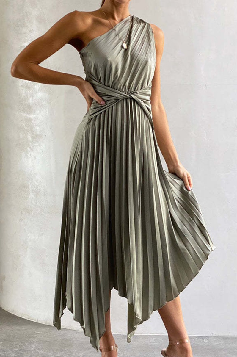 Claudia® | Elegant One-Shoulder Pleated Midi Dress
