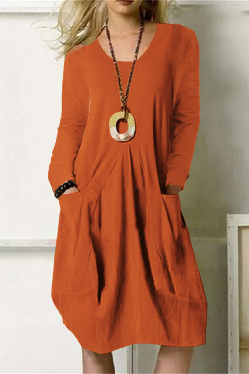 Ariadna® | Dress Leisure Solid Color Pocket O-Neck Long Sleeve