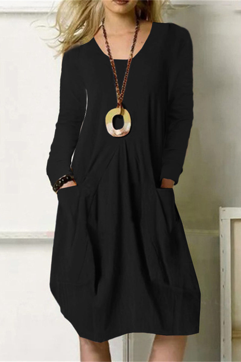 Ariadna® | Dress Leisure Solid Color Pocket O-Neck Long Sleeve