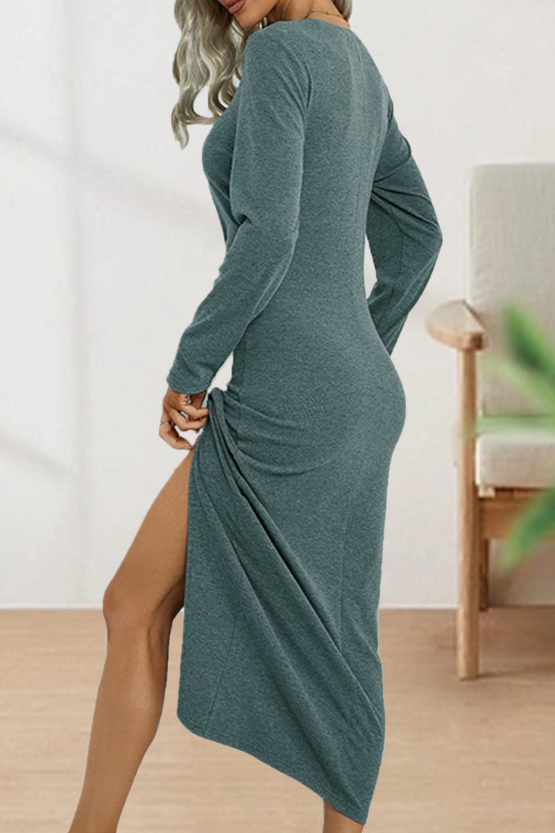 Adelaida | Cute, elegant, plain O-neck shift dresses with pleats