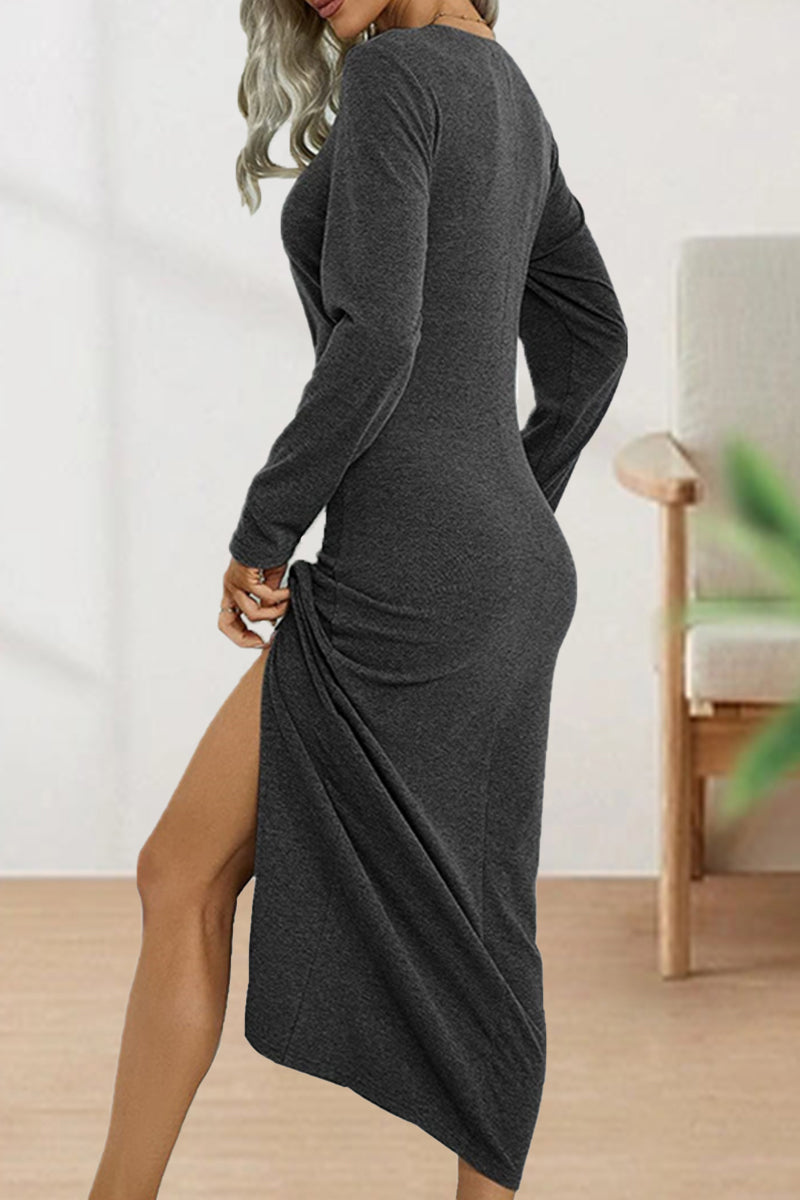 Adelaida | Cute, elegant, plain O-neck shift dresses with pleats