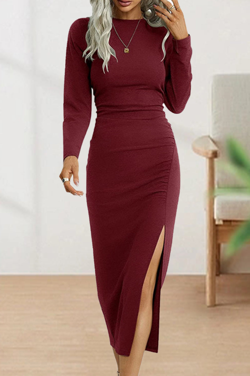 Adelaida | Cute, elegant, plain O-neck shift dresses with pleats
