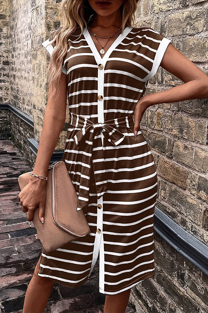 Agnese® | Elegant Striped Dress With V-Neck And Buttoned Waist