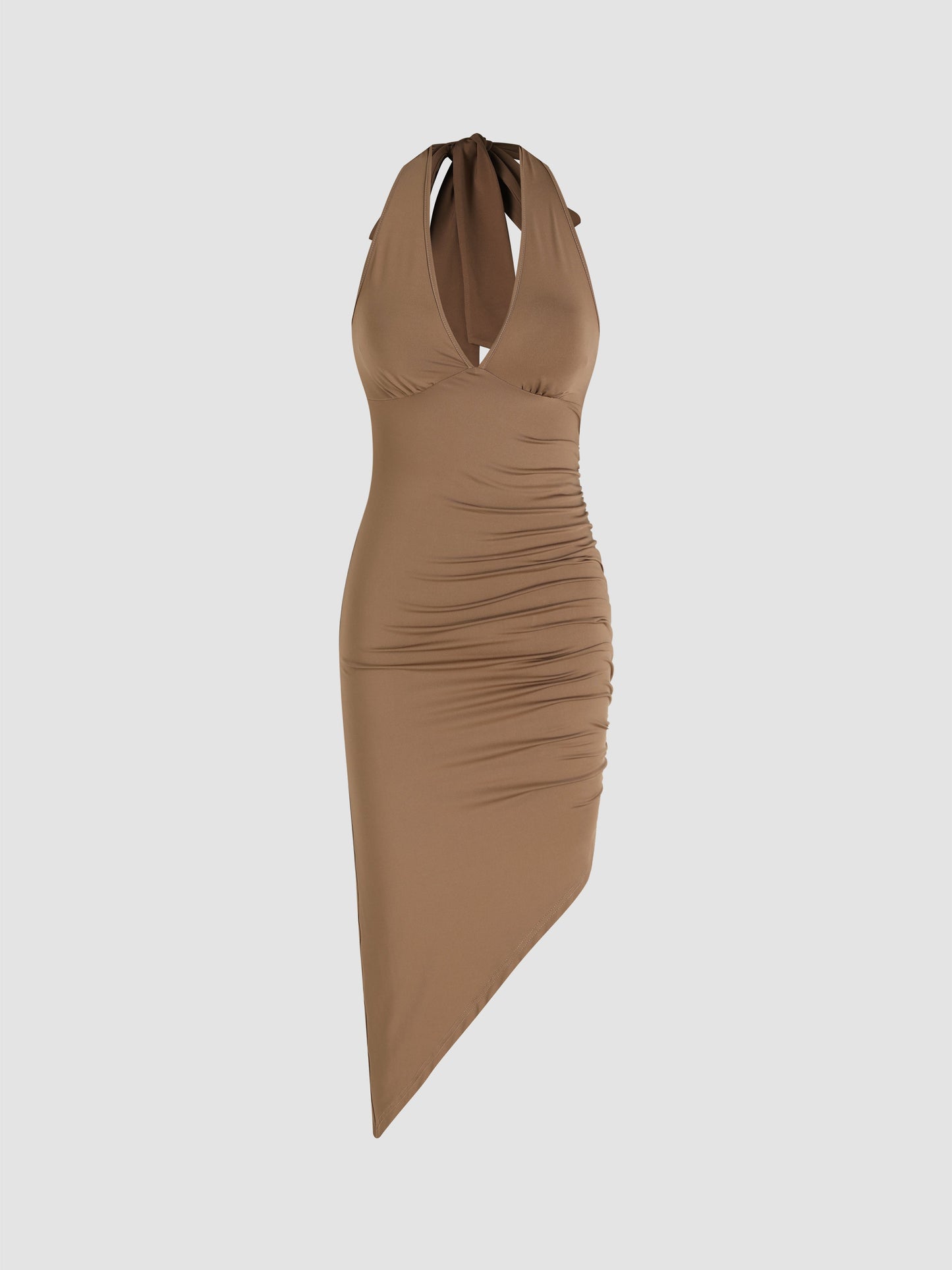 Casandra® | Light brown midi dress with ruffles and neckline