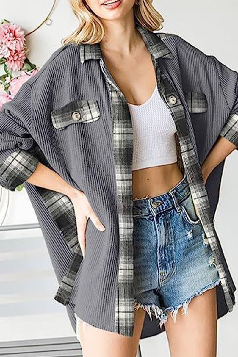 Elena® | Casual color block tops with contrast turn-down collar and pockets