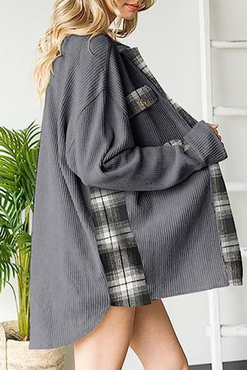 Elena® | Casual color block tops with contrast turn-down collar and pockets
