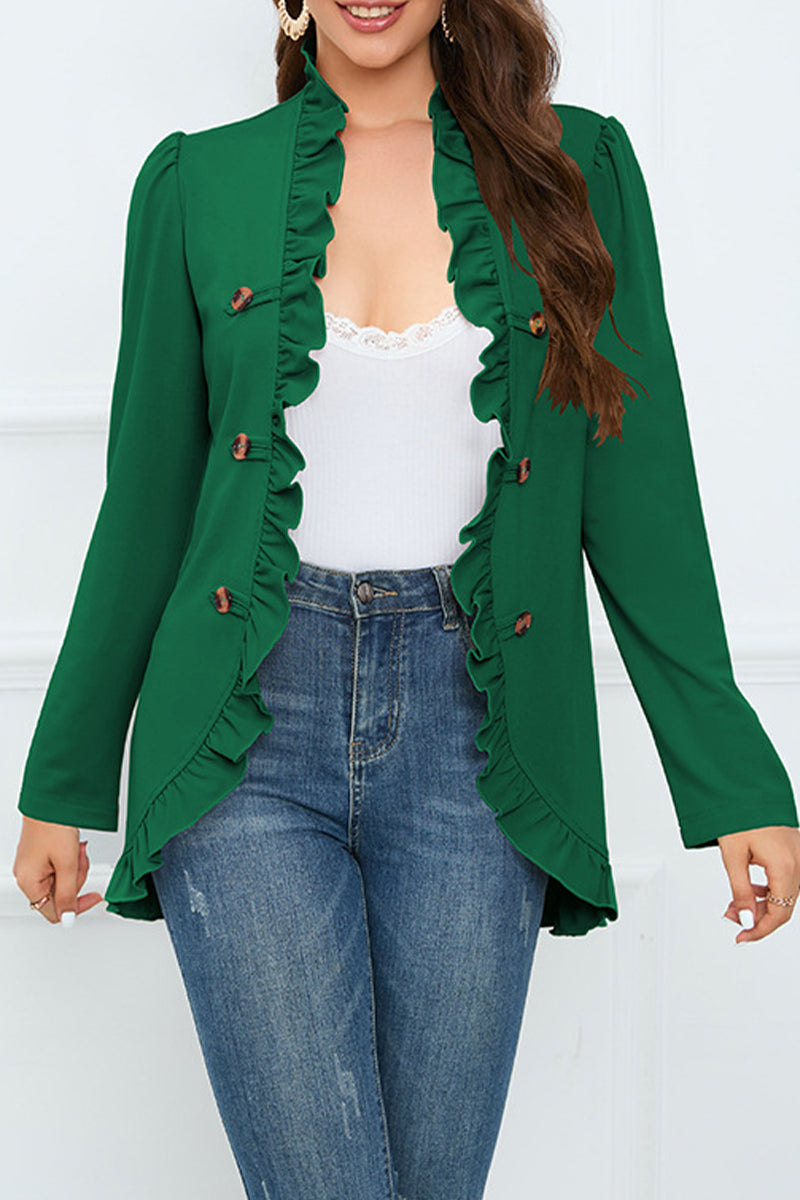 Delia® | Elegant outerwear with flounce and lotus leaf collar and fixed buckle