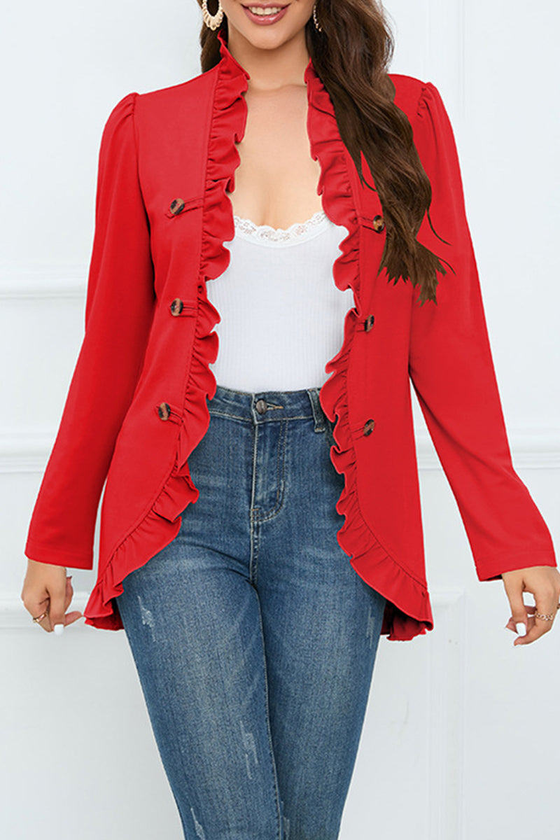 Delia® | Elegant outerwear with flounce and lotus leaf collar and fixed buckle