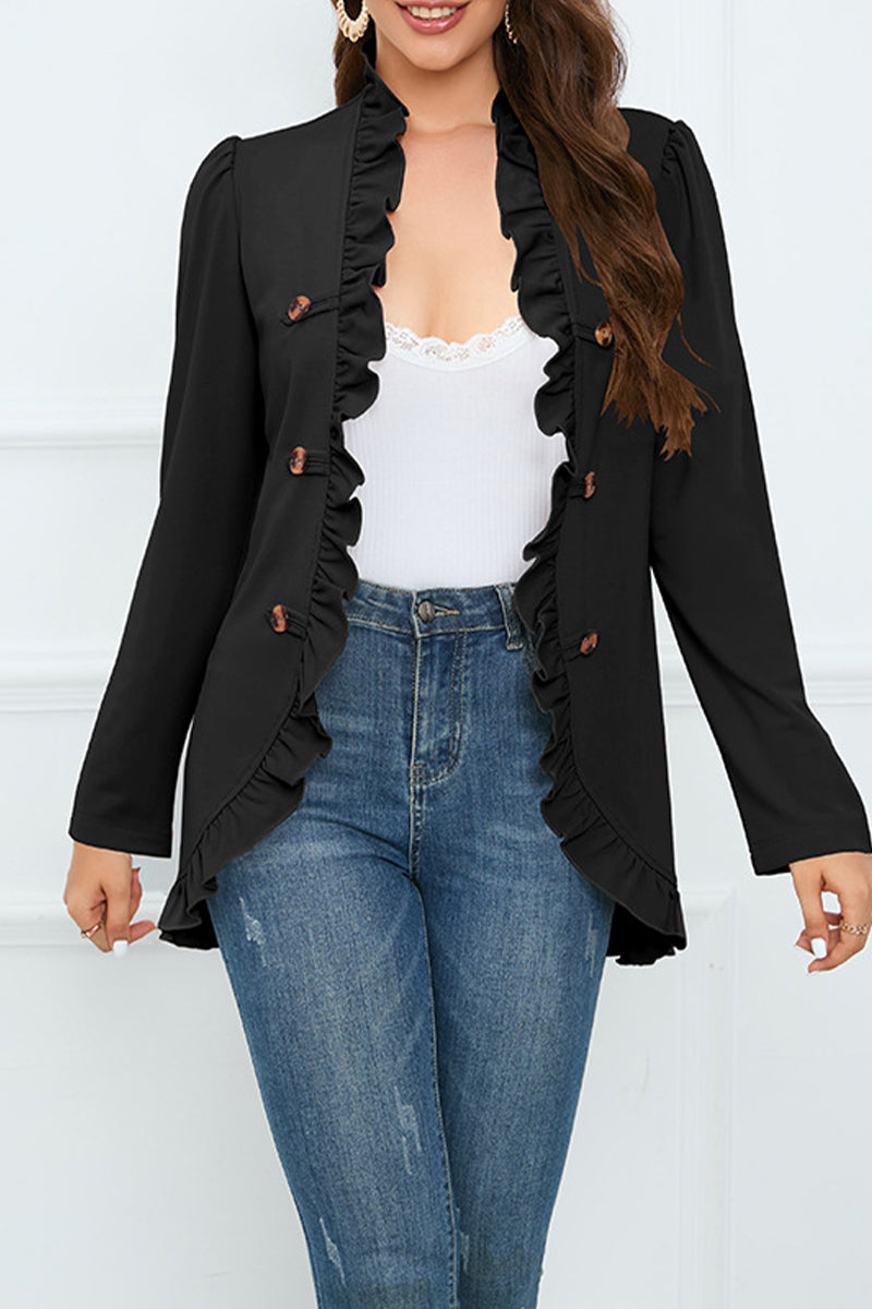 Delia® | Elegant outerwear with flounce and lotus leaf collar and fixed buckle