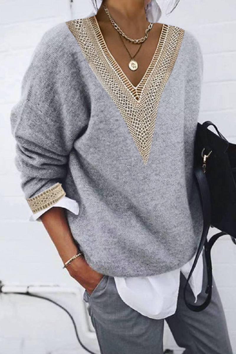 Diana® | Casual solid patchwork V-neck tops