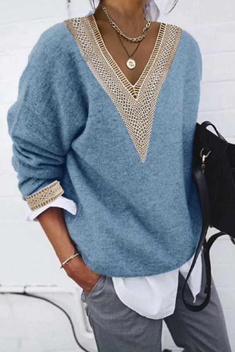 Diana® | Casual solid patchwork V-neck tops