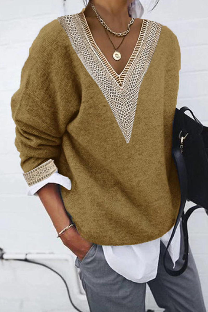 Diana® | Casual solid patchwork V-neck tops