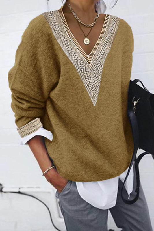 Diana® | Casual solid patchwork V-neck tops
