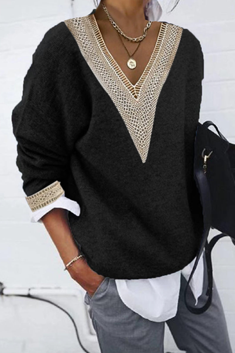 Diana® | Casual solid patchwork V-neck tops