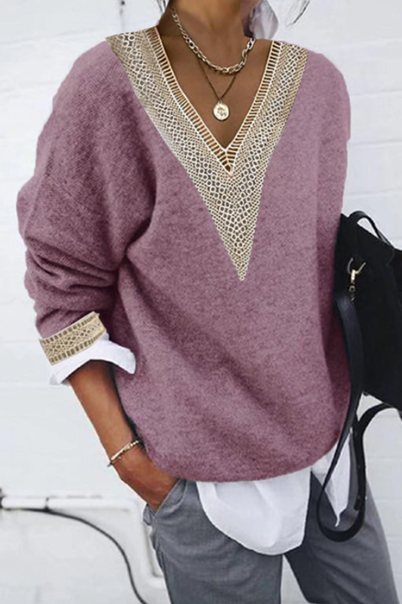 Diana® | Casual solid patchwork V-neck tops