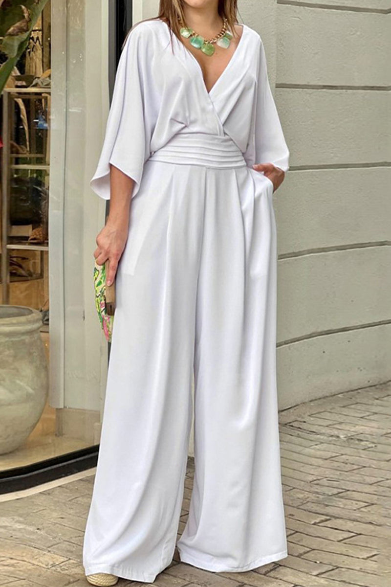 Cielo® | Elegant solid color loose V-neck jumpsuits