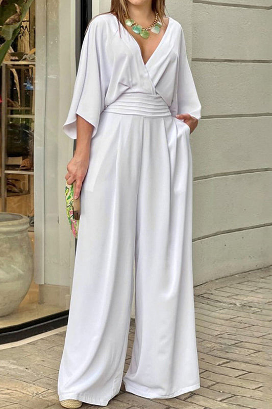 Cielo® | Elegant solid color loose V-neck jumpsuits