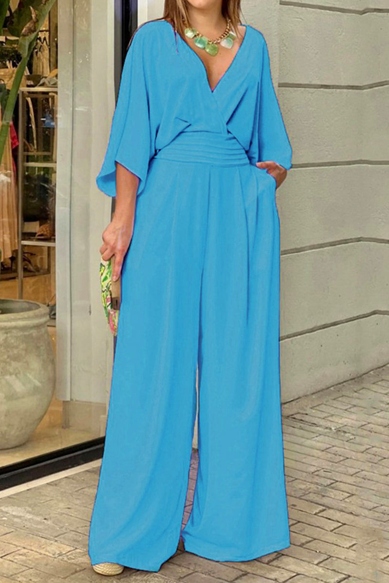Cielo® | Elegant solid color loose V-neck jumpsuits