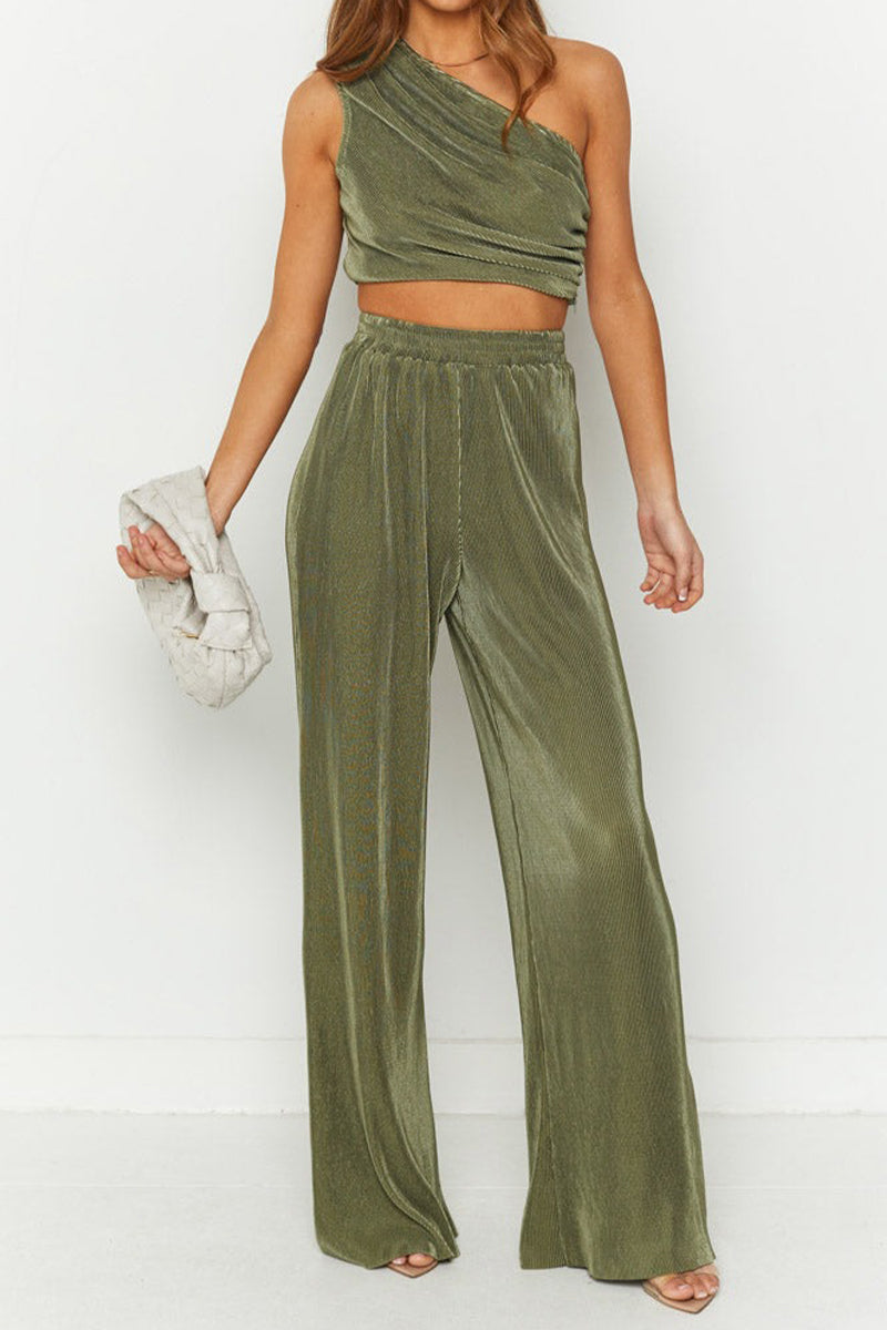 Elena® | Elegant One-Shoulder Crop Top And Wide-Legged Pants Set