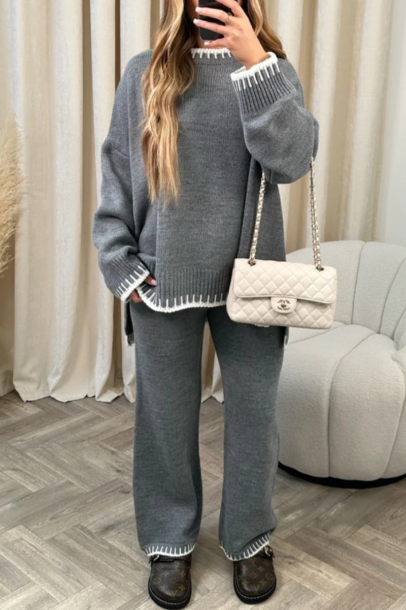 Bianca® | Casual solid patchwork O-neck long sleeve two piece suit