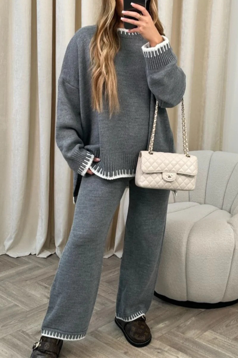 Bianca® | Casual solid patchwork O-neck long sleeve two piece suit