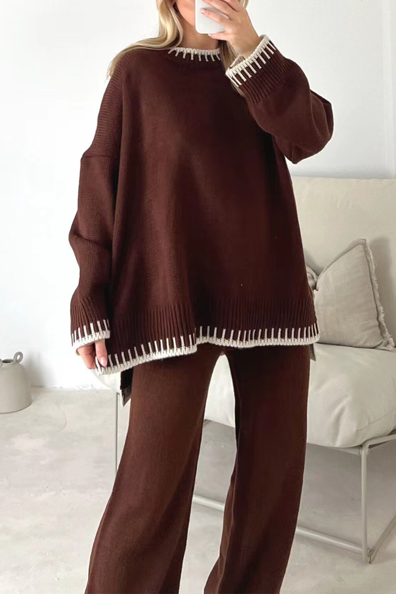 Bianca® | Casual solid patchwork O-neck long sleeve two piece suit