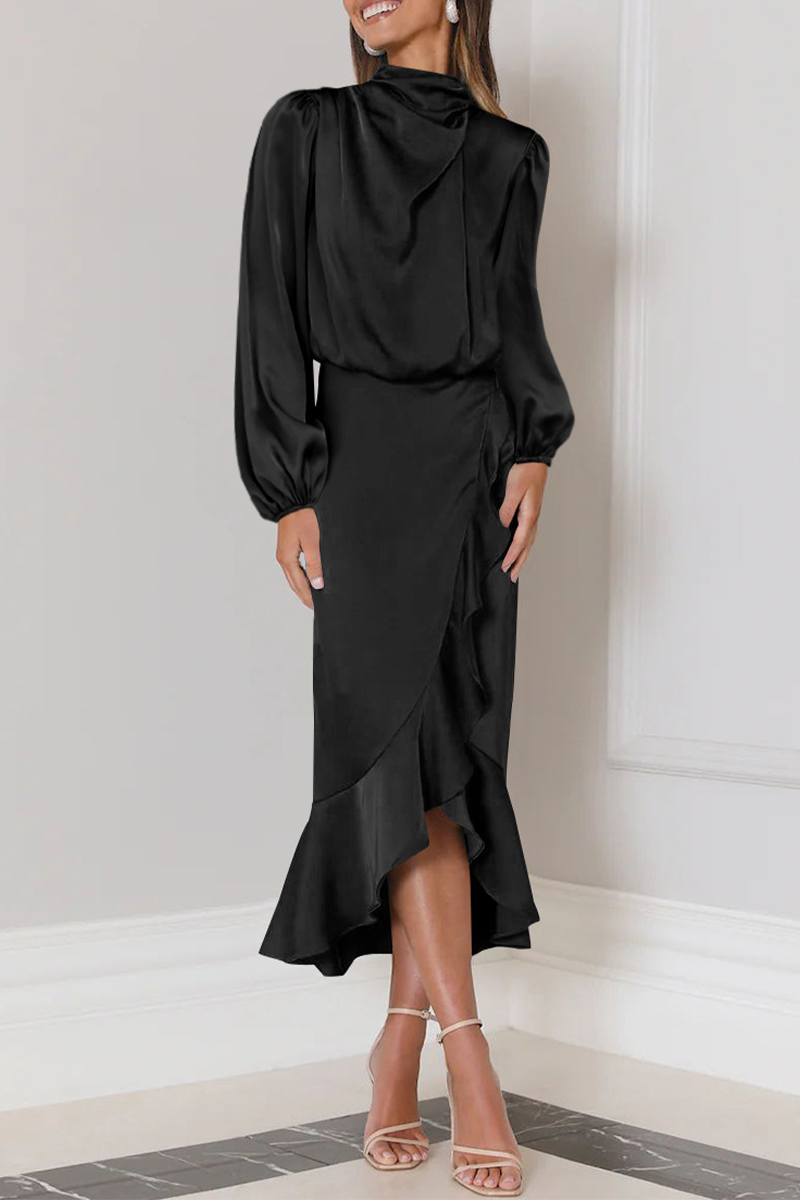Angelina® | Elegant Long-Sleeved Midi Dress With Ruffles And A High Neck