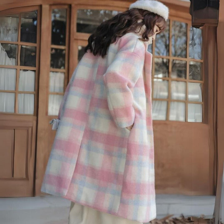 Carlota | Women's wool blend coat with pastel checks and double-breasted buttons