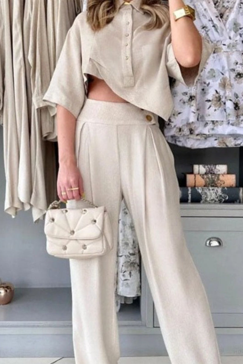 Dahlia® | Casual everyday, solid buttons, asymmetrical turn-down collar, half sleeves, two-piece suit