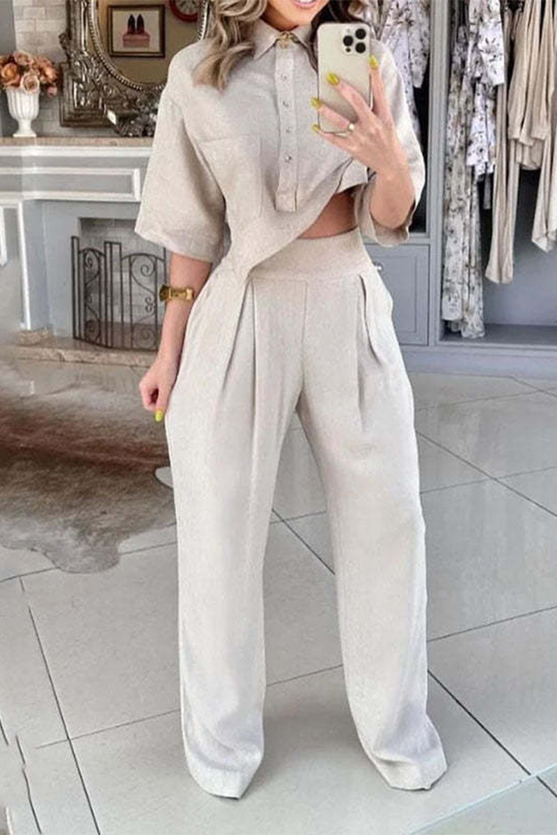 Dahlia® | Casual everyday, solid buttons, asymmetrical turn-down collar, half sleeves, two-piece suit