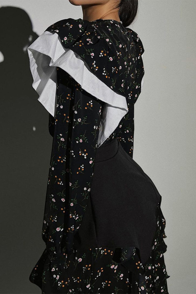 Diana® | Elegant Floral Buttons Flounce O-Neck Waist Skirt Dresses (Waist Band)