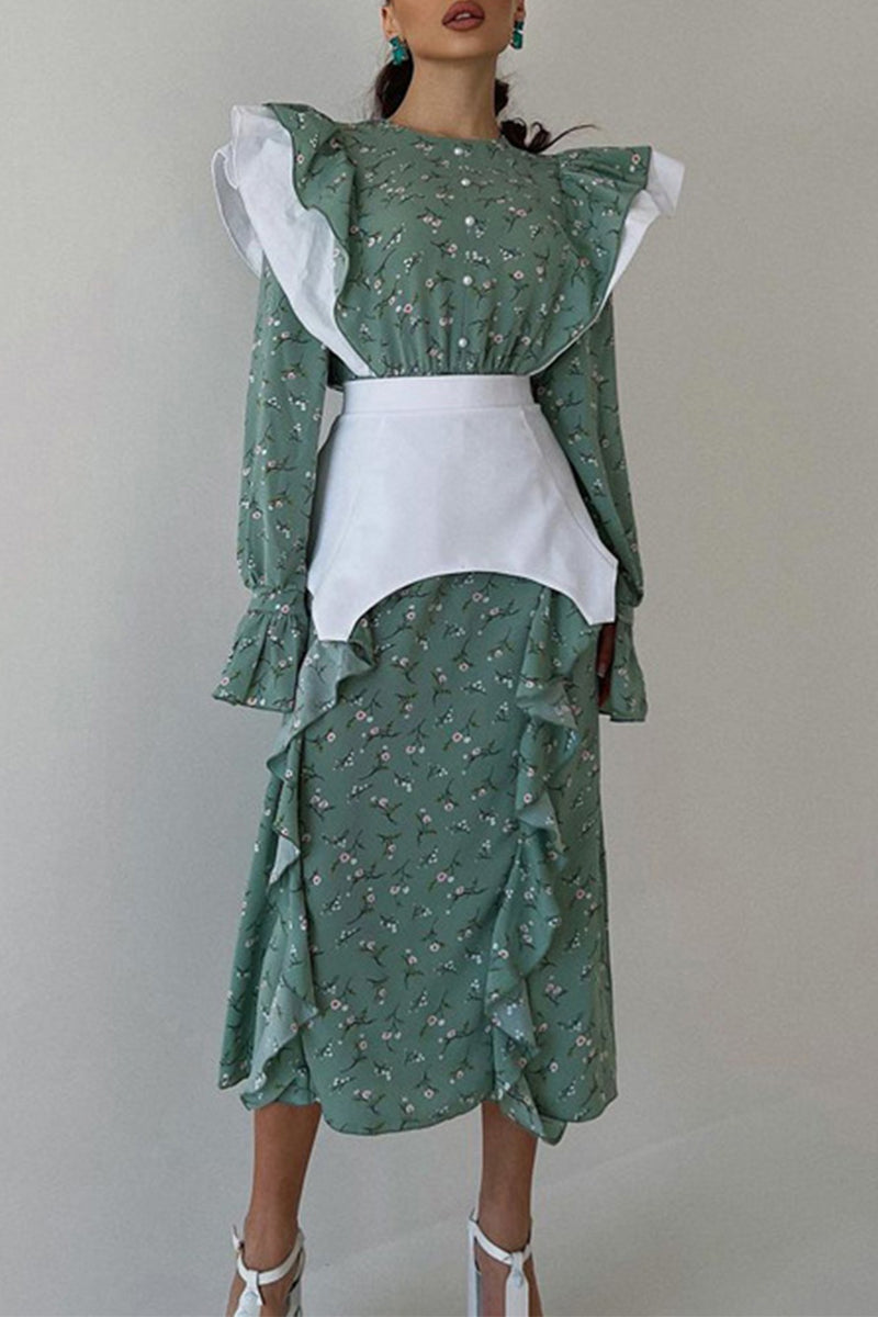 Diana® | Elegant Floral Buttons Flounce O-Neck Waist Skirt Dresses (Waist Band)