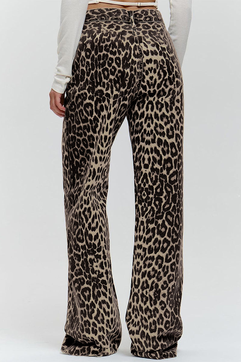 Carla® | Loose straight full print leopard print pants with buttons at mid waist