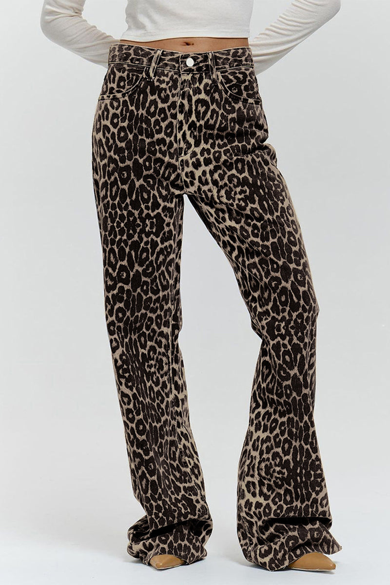 Carla® | Loose straight full print leopard print pants with buttons at mid waist