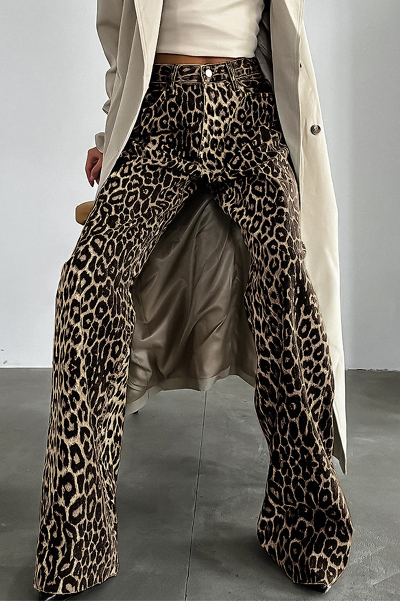 Carla® | Loose straight full print leopard print pants with buttons at mid waist