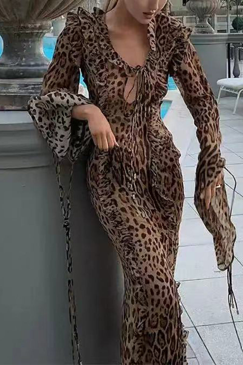 Alicia® | Sexy celebrities leopard flounce slit long sleeve V-neck dress