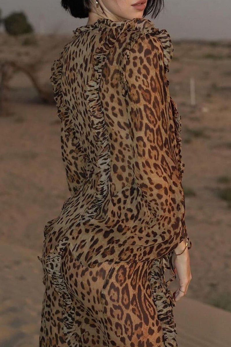 Alicia® | Sexy celebrities leopard flounce slit long sleeve V-neck dress