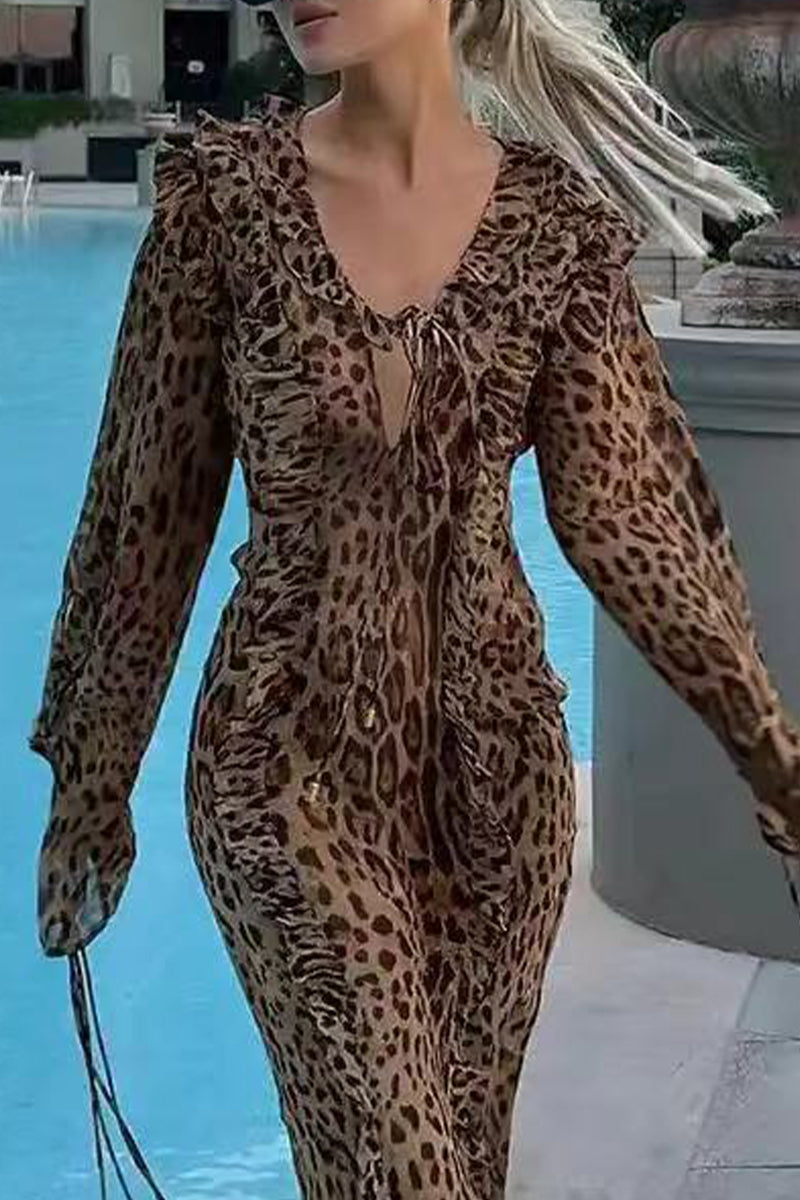 Alicia® | Sexy celebrities leopard flounce slit long sleeve V-neck dress