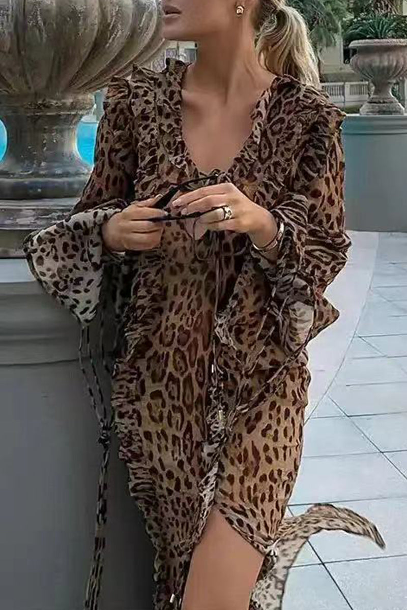 Alicia® | Sexy celebrities leopard flounce slit long sleeve V-neck dress