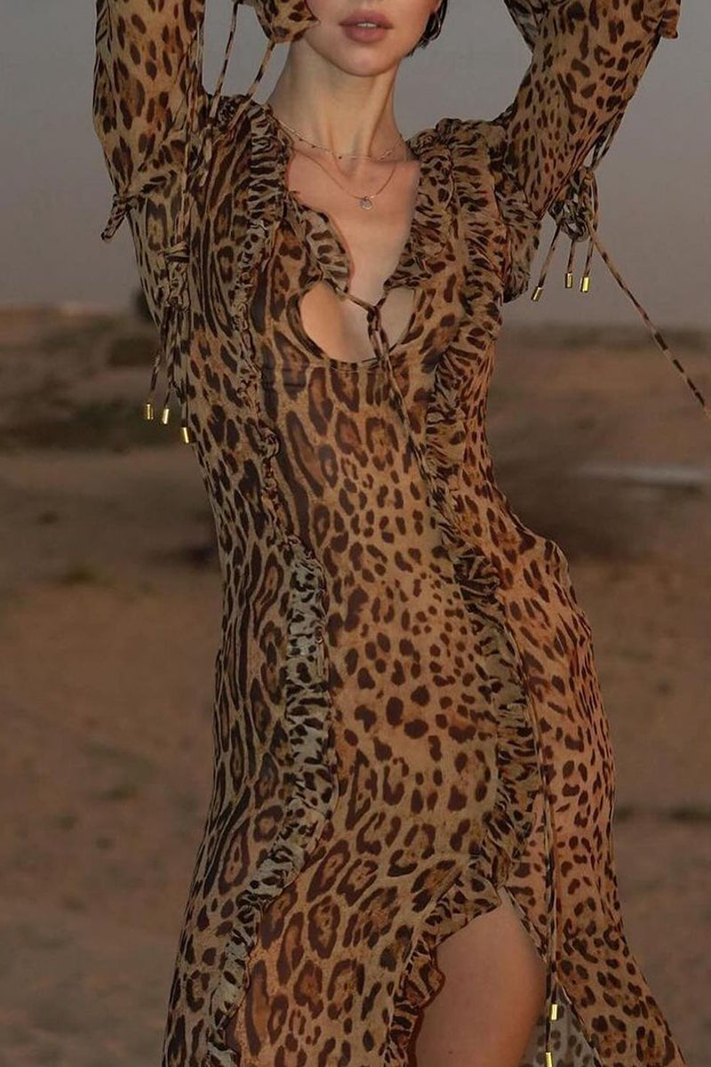 Alicia® | Sexy celebrities leopard flounce slit long sleeve V-neck dress