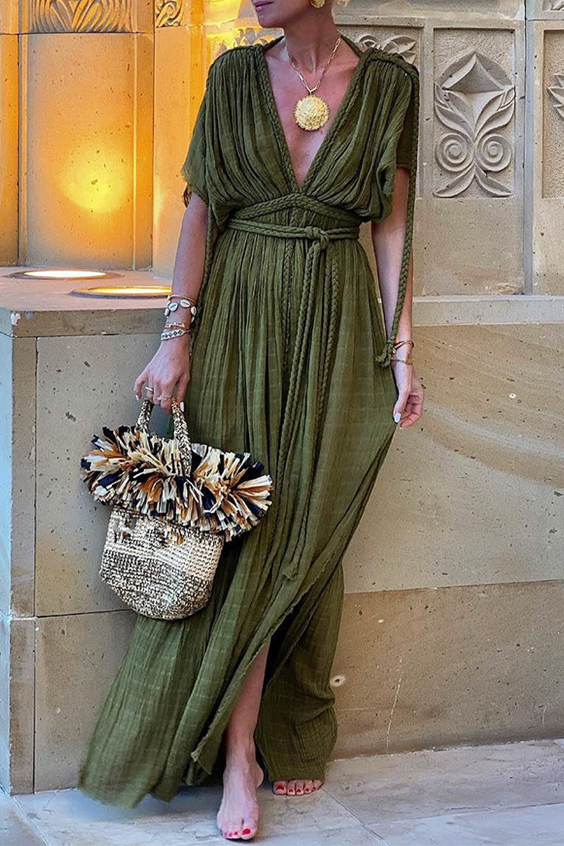 Elizabeth® | Casual, simple A-line dresses with fixed bandage and slit and V-neck